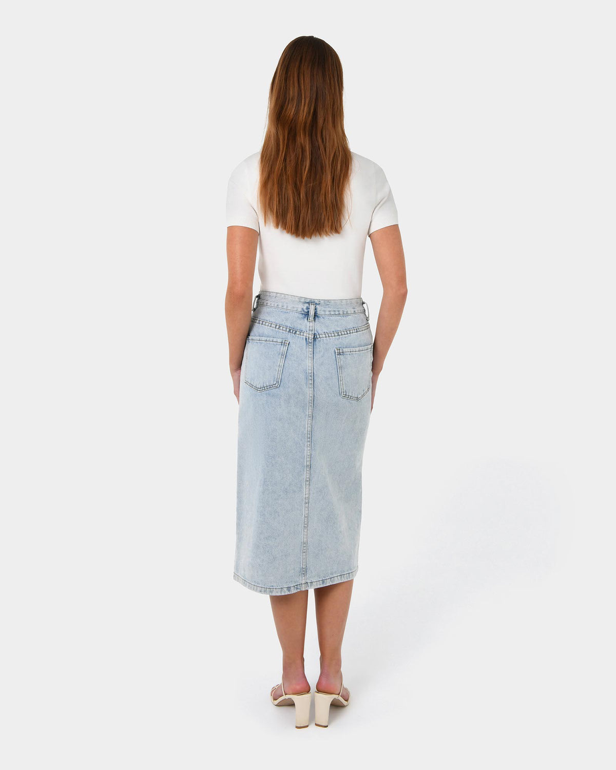 Veronique Midi Denim Skirt in blue wash — back view