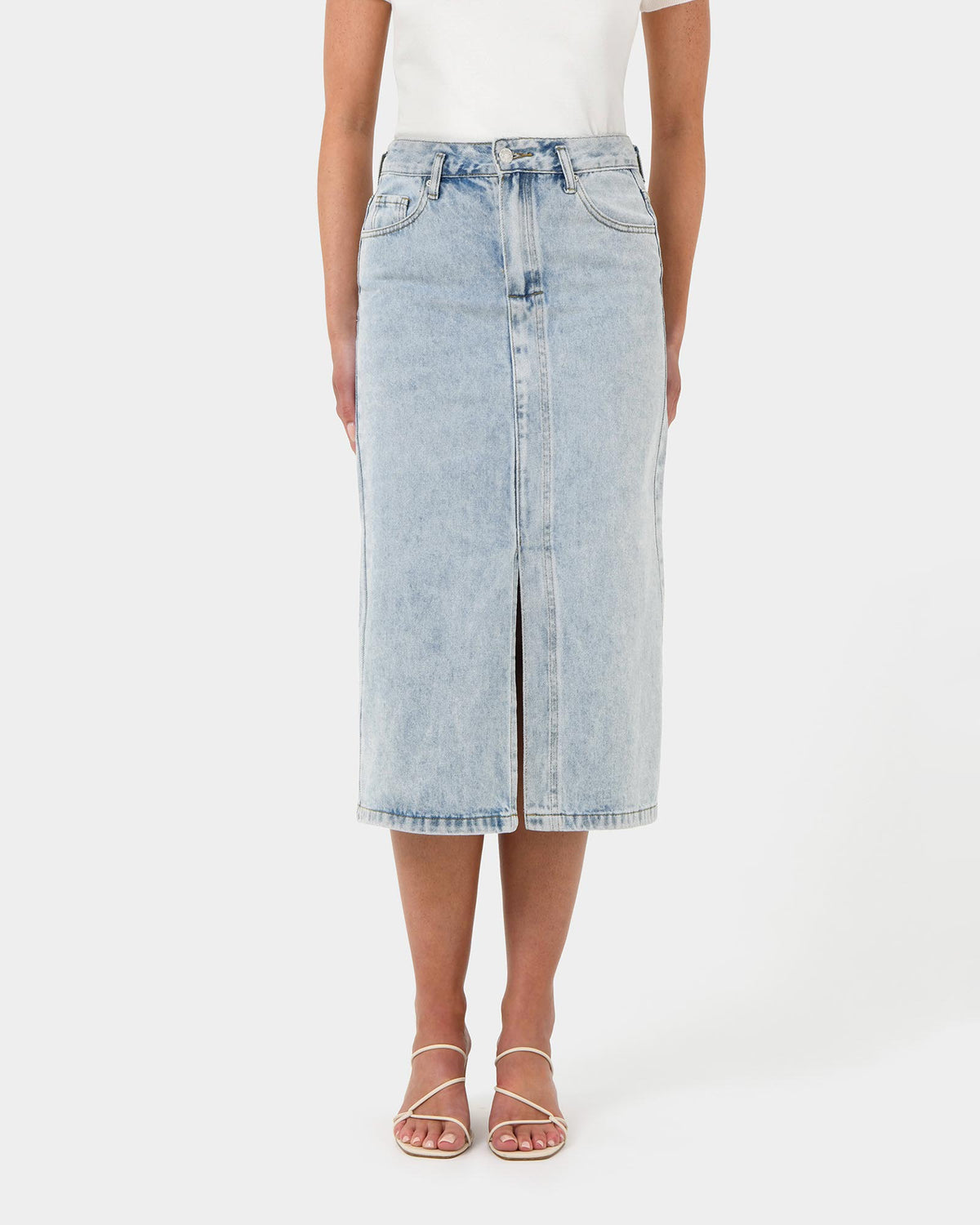 Veronique Midi Denim Skirt in blue wash — close-up view