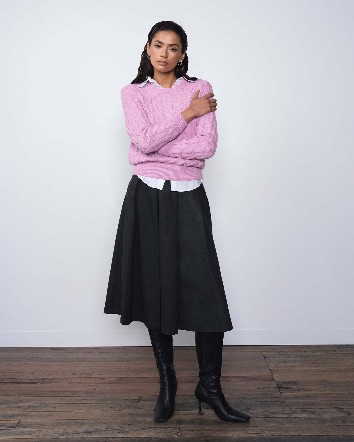 Ryan Pleated Midi Skirt in dark charcoal — full-length view 2