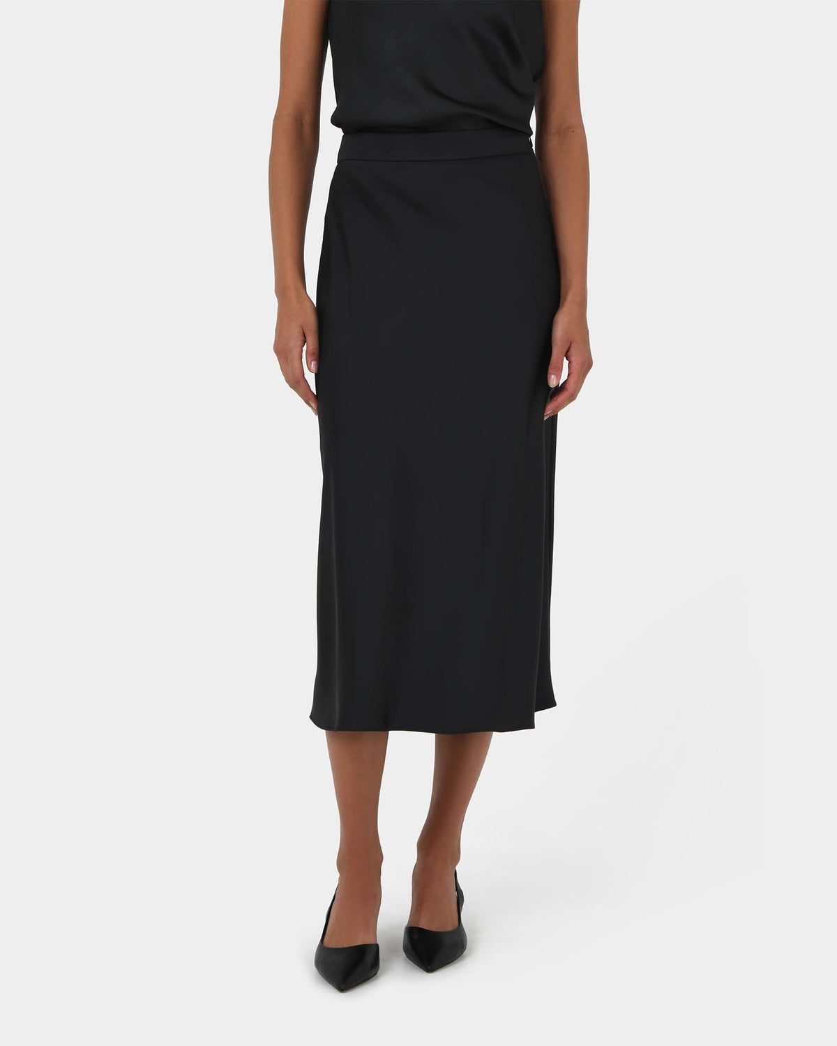 Joy Satin Midi Skirt in black — close-up view