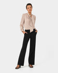Serene Tie Neck Blouse in sand beige — full-length view