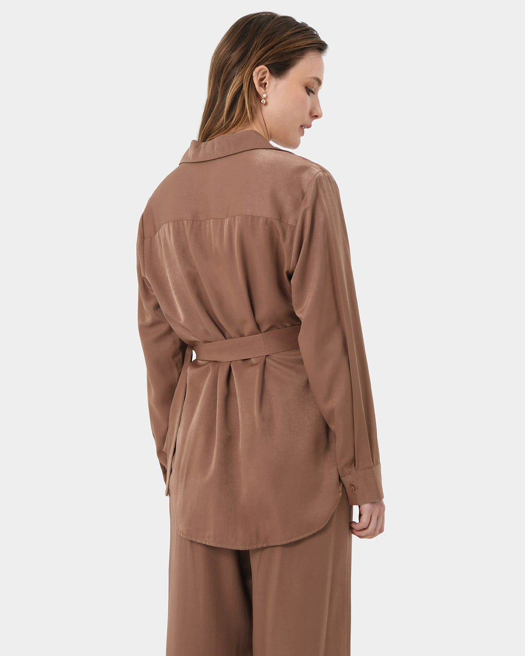 Devon Satin Tie Shirt in dark camel — back view