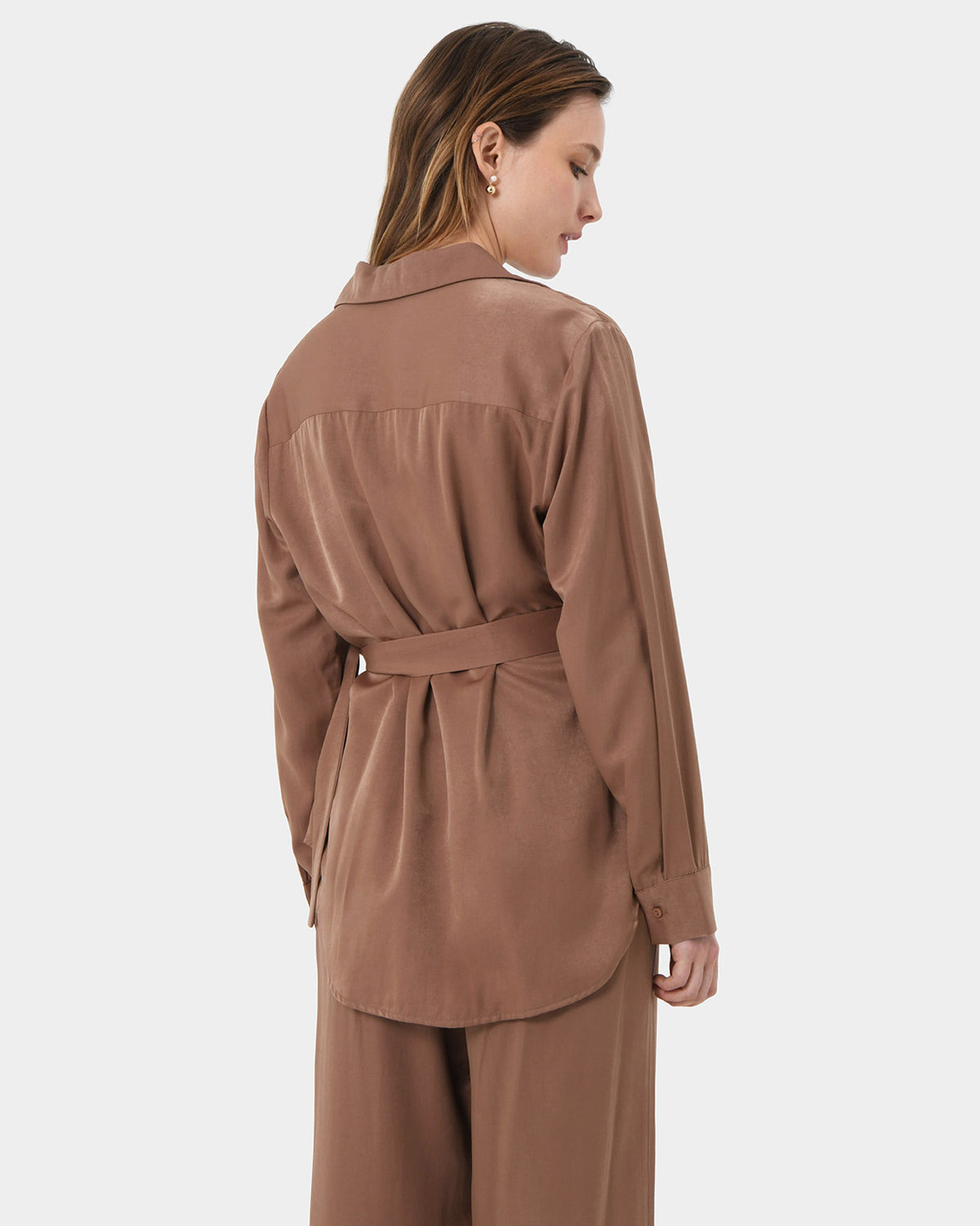 Devon Satin Tie Shirt in dark camel — back view