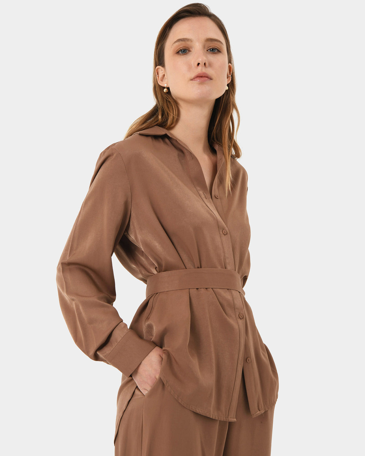 Devon Satin Tie Shirt in dark camel — close-up view 3