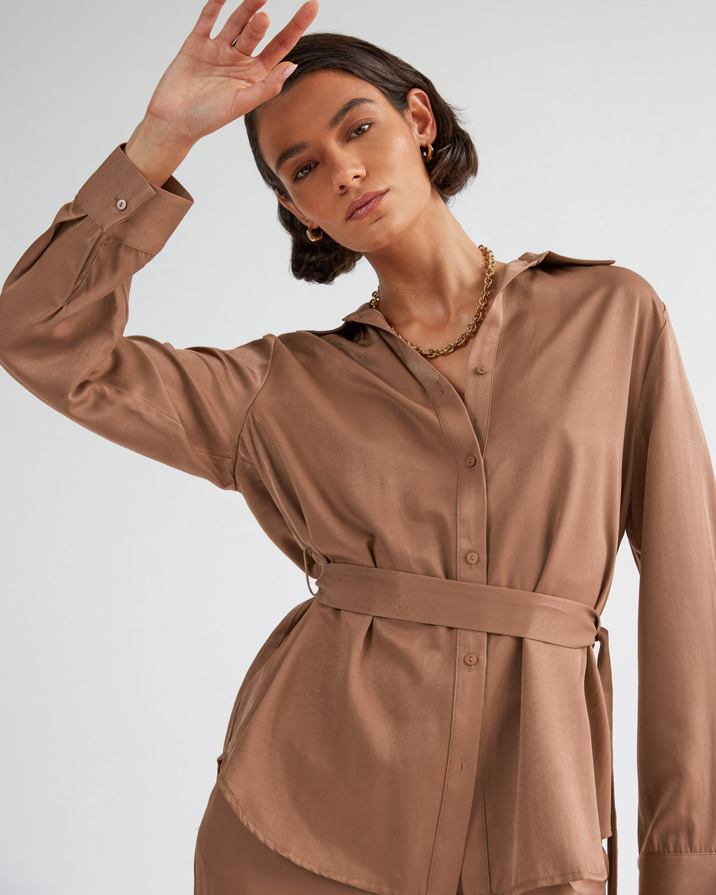 Devon Satin Tie Shirt in dark camel — close-up view 4