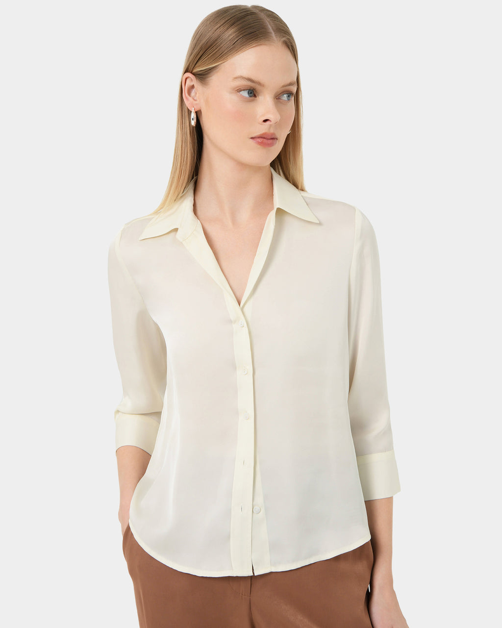 Hailee 3/4 Sleeve Satin Blouse in cream — close-up view