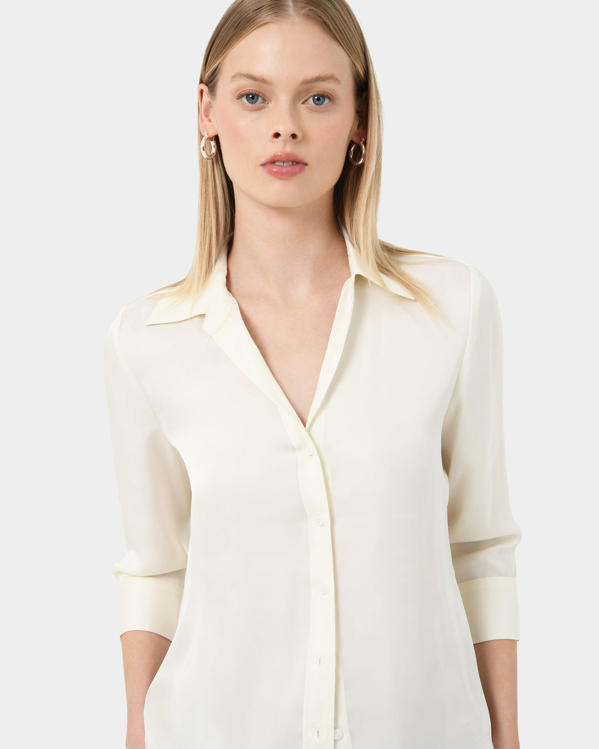 Hailee 3/4 Sleeve Satin Blouse in cream — close-up view 2