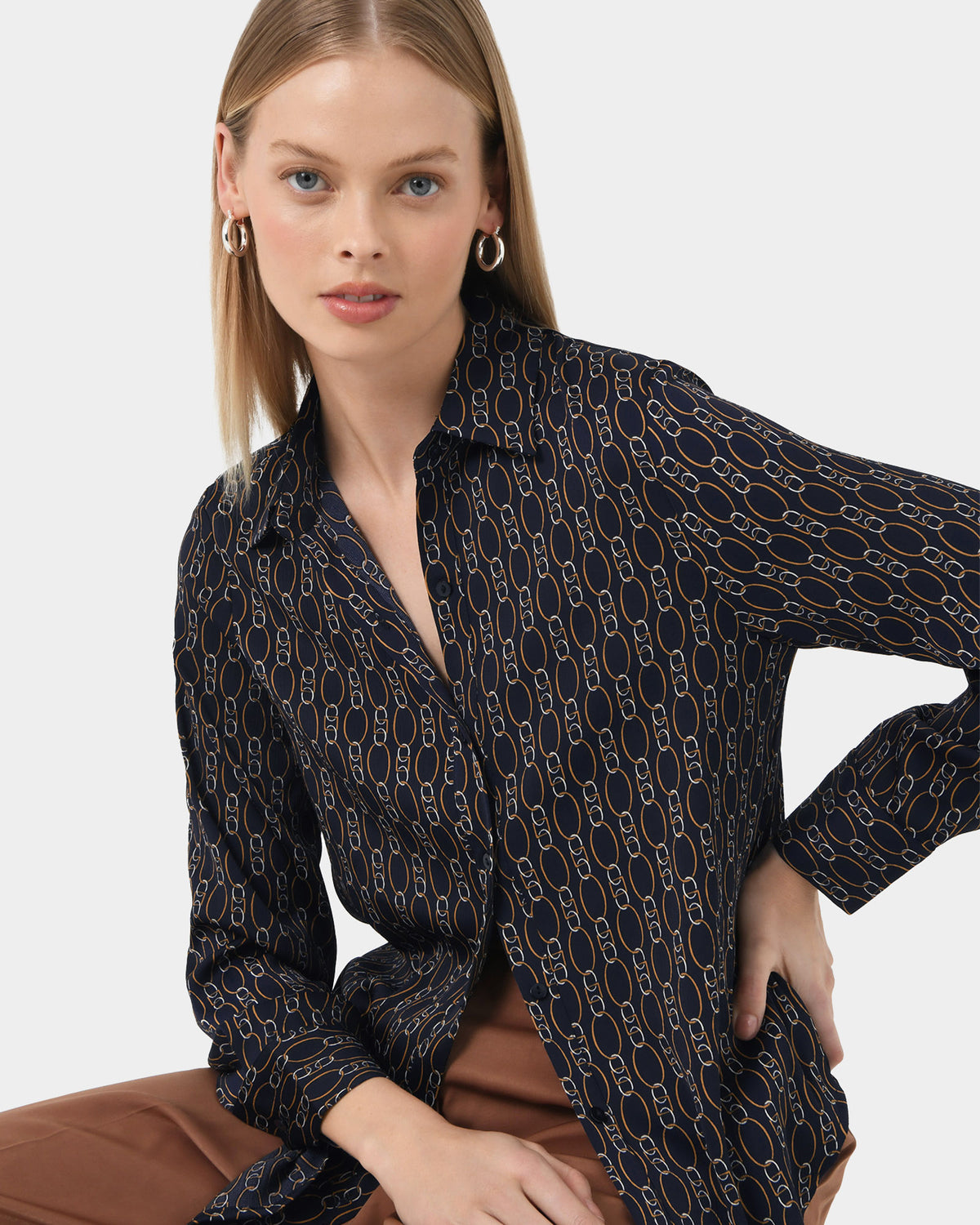 Freya Chain Print Blouse in navy — close-up view 2