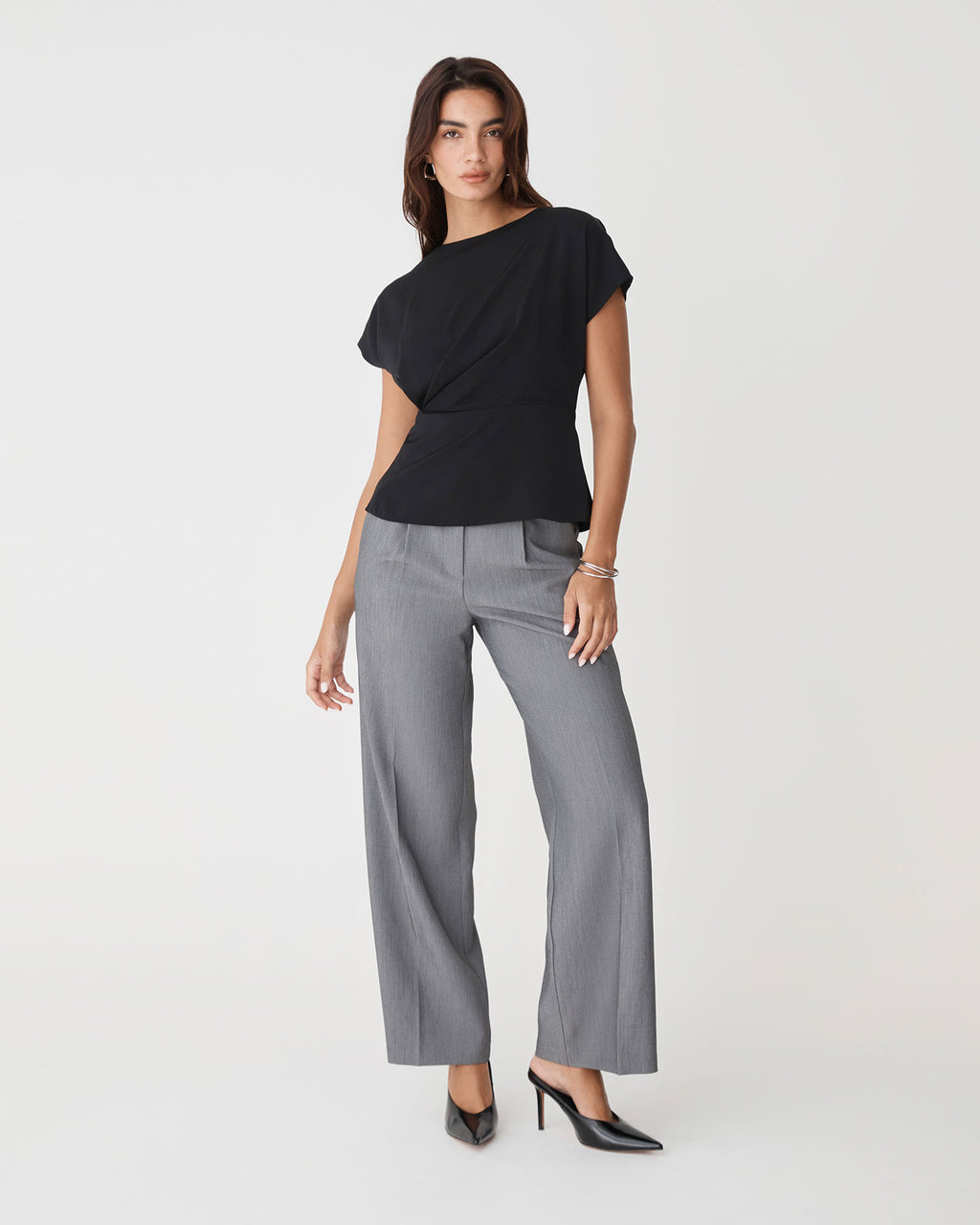 Bonnie Gathered Peplum Top in black — full-length view 2