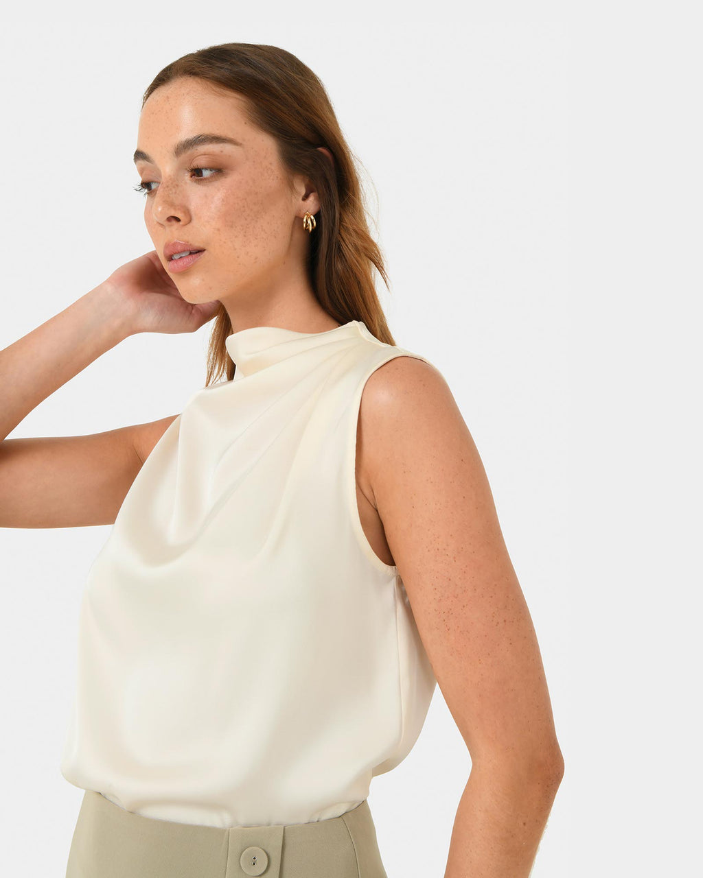Mae Cowl Neck Top in champagne — side view