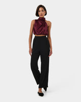 Kaye Asymmetric Cowl Neck Top in wine — full-length view