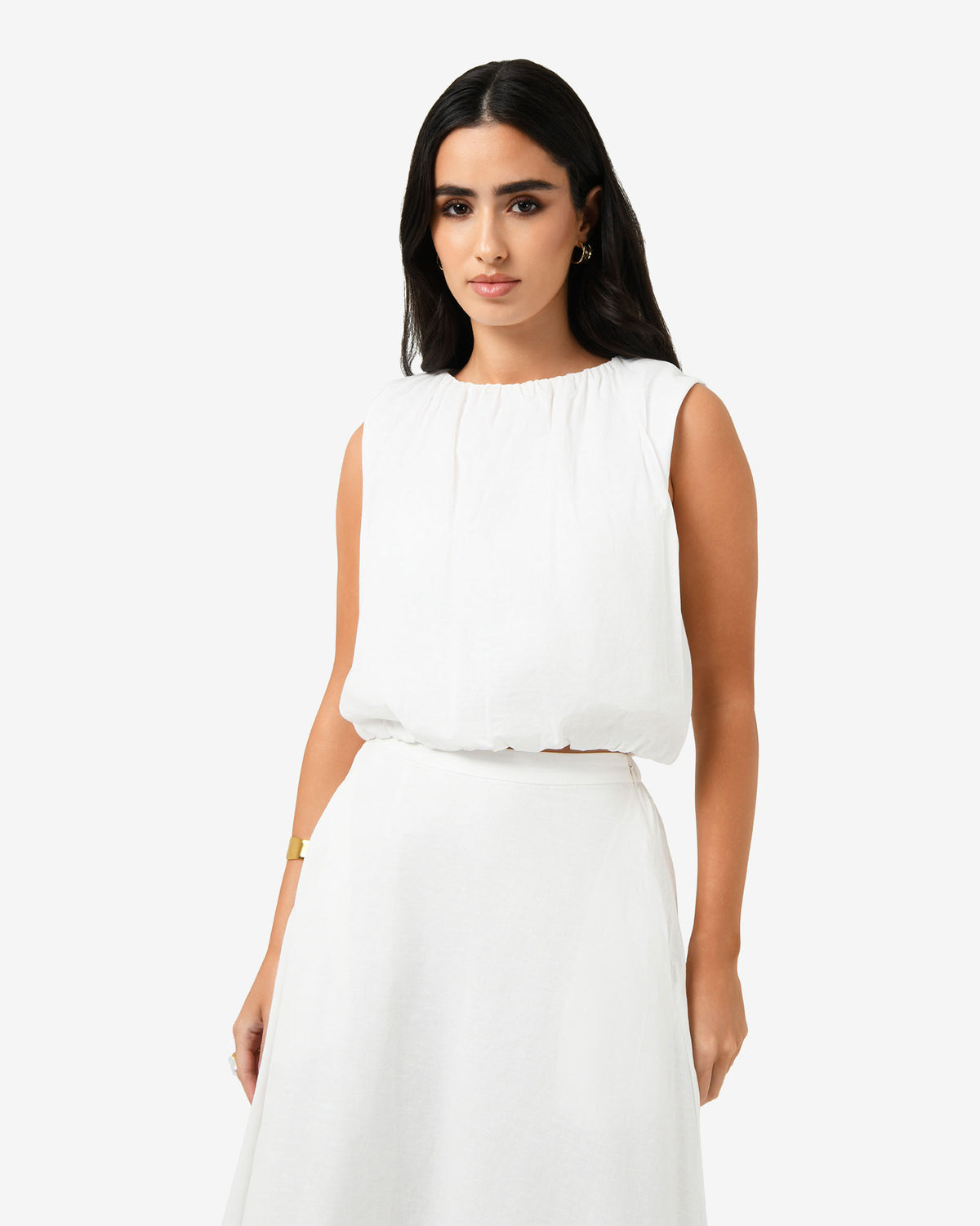 Kenya Rouched Linen Top in ivory — close-up view