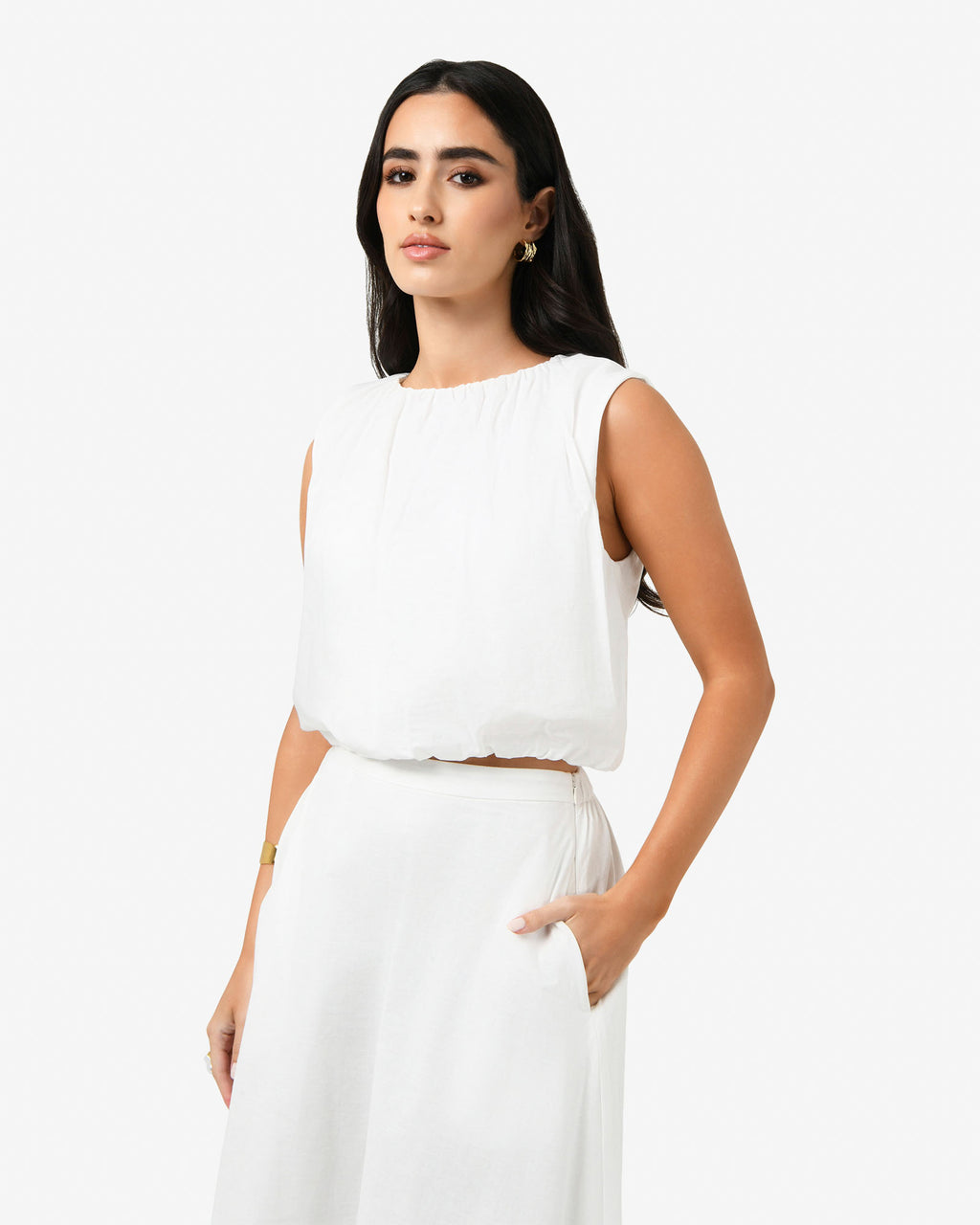 Kenya Rouched Linen Top in ivory — side view