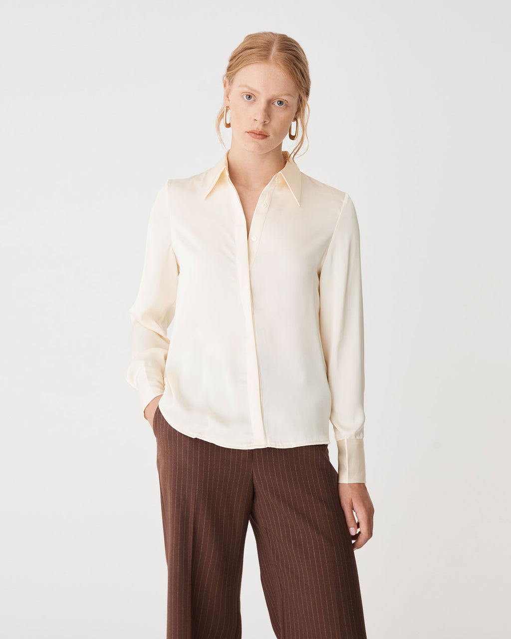 Mae Satin Shirt in champagne — close-up view