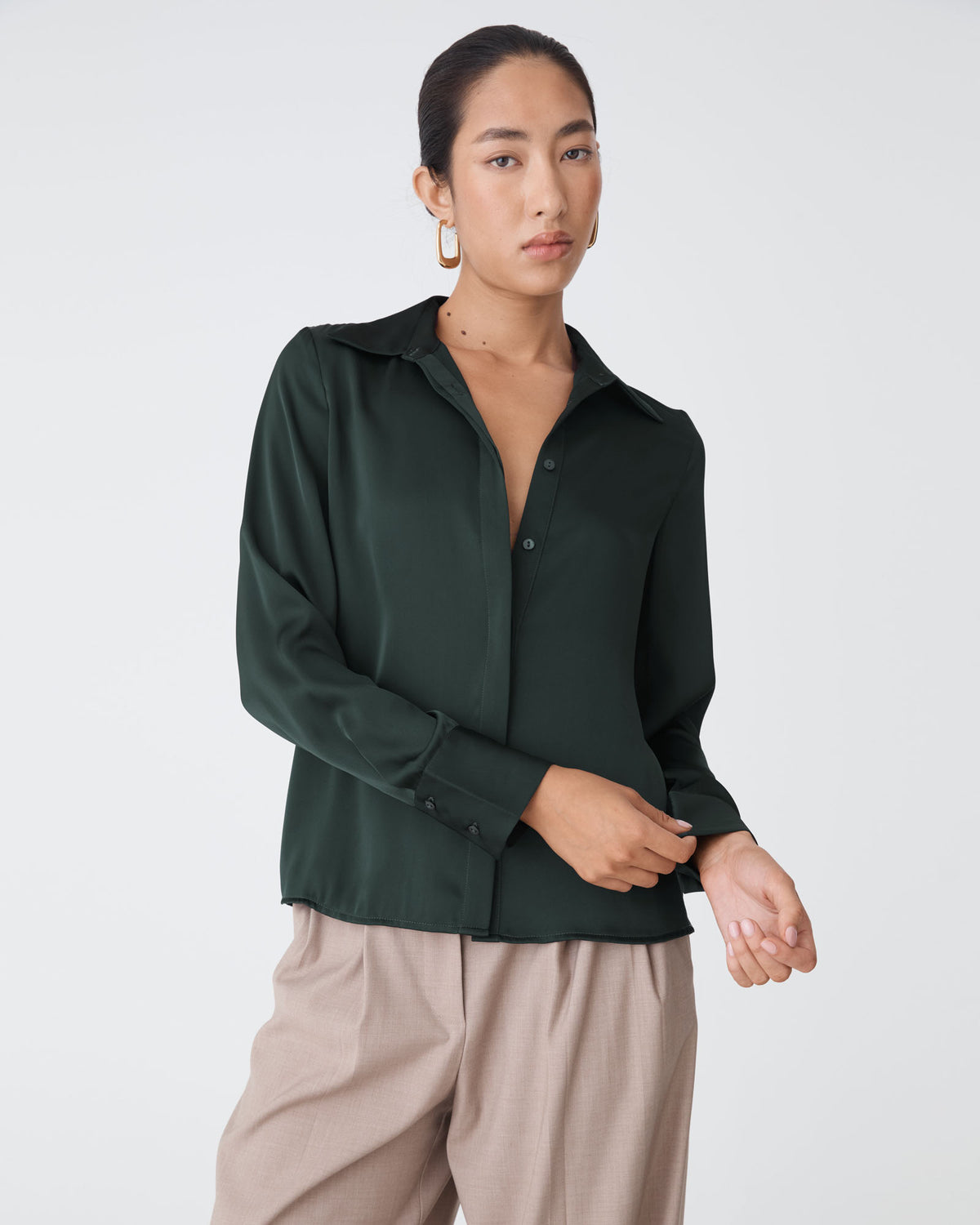 Mae Satin Shirt in evergreen — close-up view