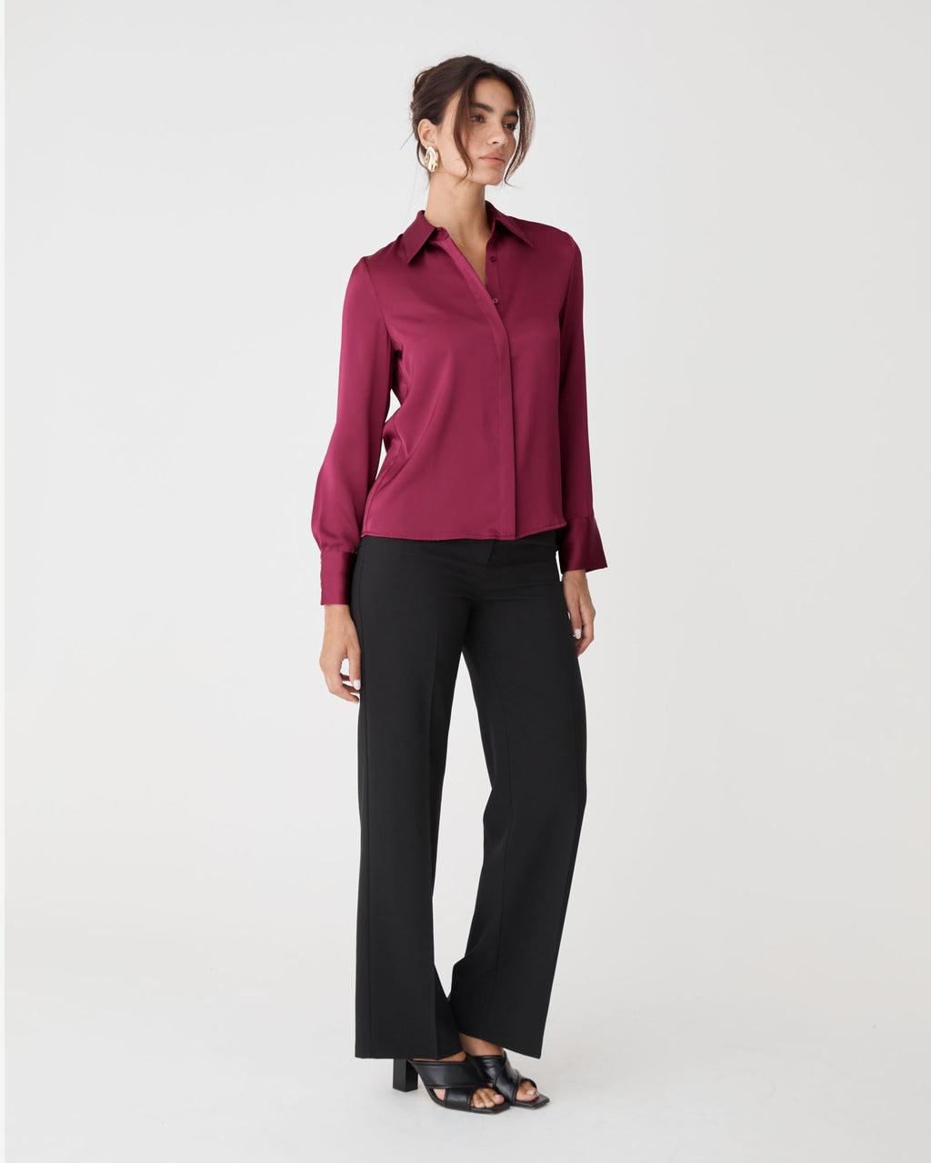 Mae Satin Shirt in grenache — side view