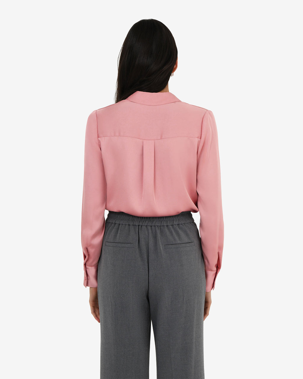 Mae Satin Shirt in rouge pink — back view