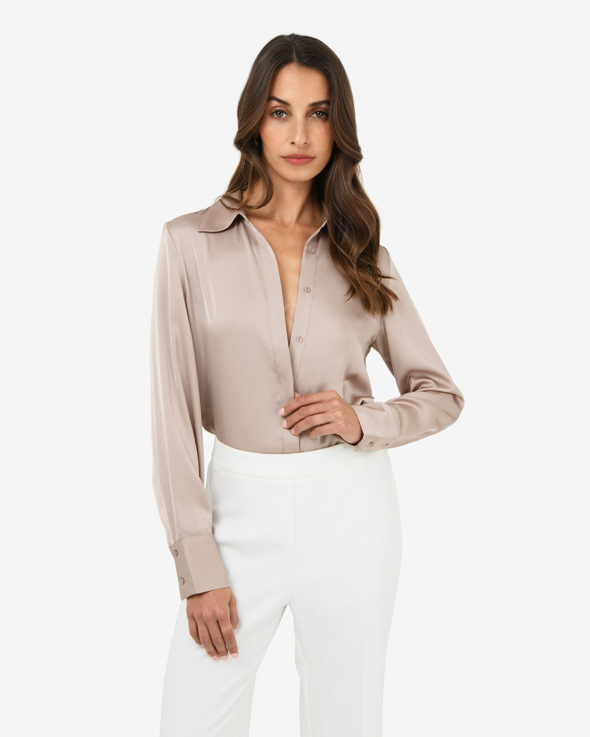 Mae Satin Shirt in sand — close-up view 2
