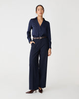 Lila V-Neck Satin Blouse in midnight — full-length view