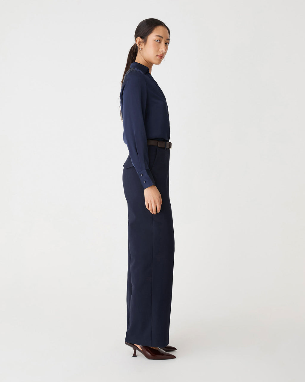 Lila V-Neck Satin Blouse in midnight — side view 2