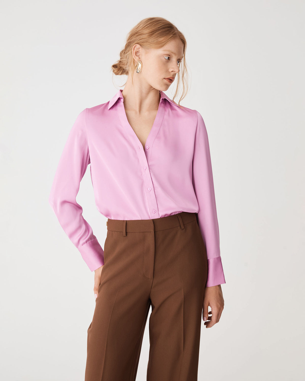 Lila V-Neck Satin Blouse in orchid — close-up view