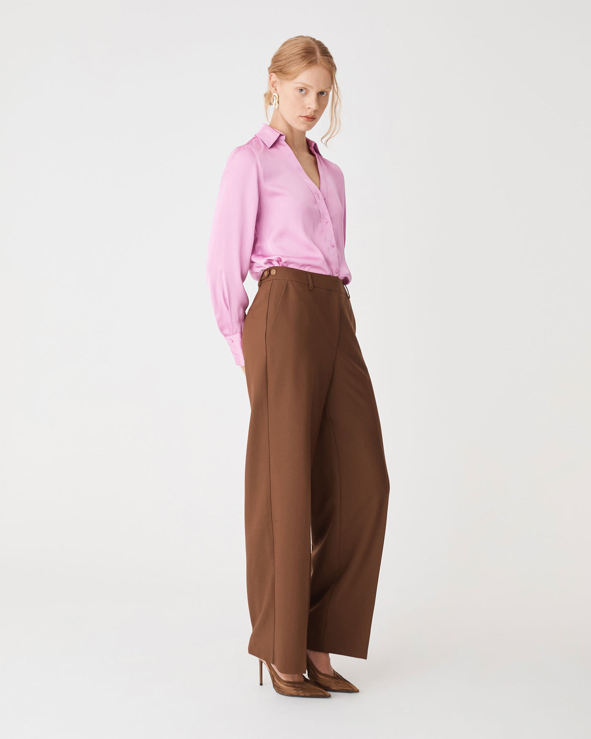 Lila V-Neck Satin Blouse in orchid — side view
