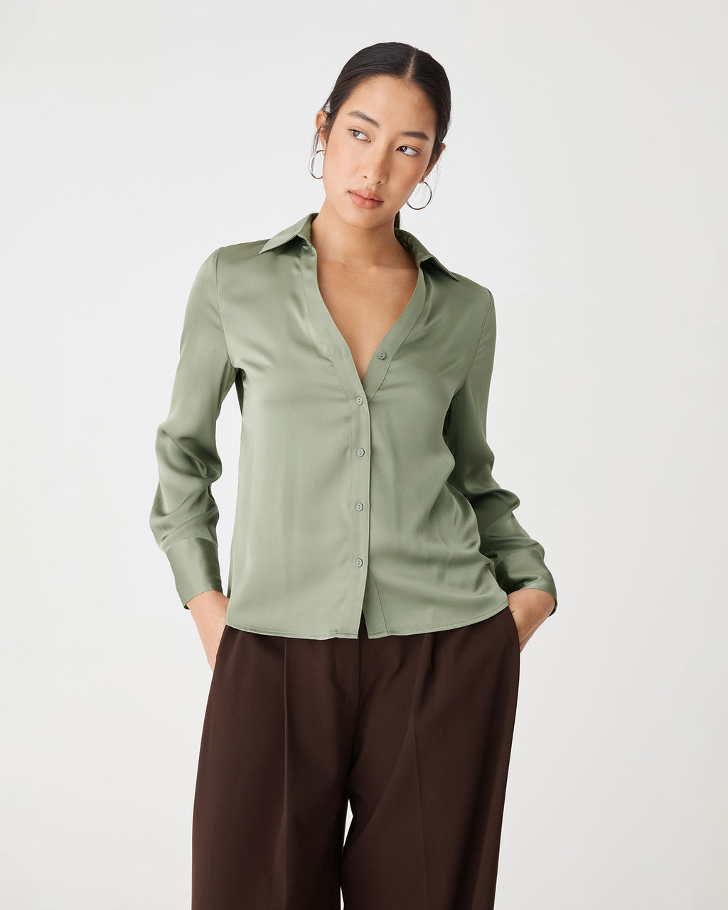Lila V-Neck Satin Blouse in soft khaki — close-up view