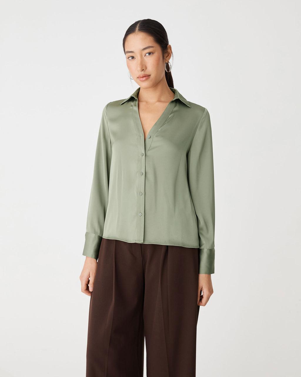 Lila V-Neck Satin Blouse in soft khaki — close-up view 2