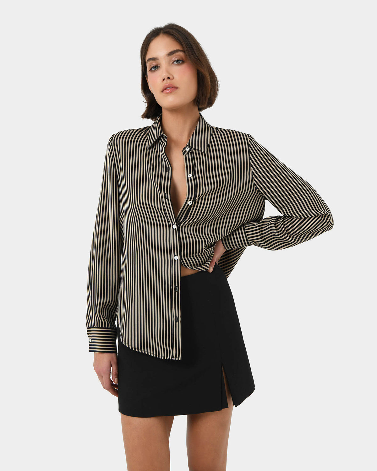 Wanda Stripe Satin Shirt in beige black — close-up view
