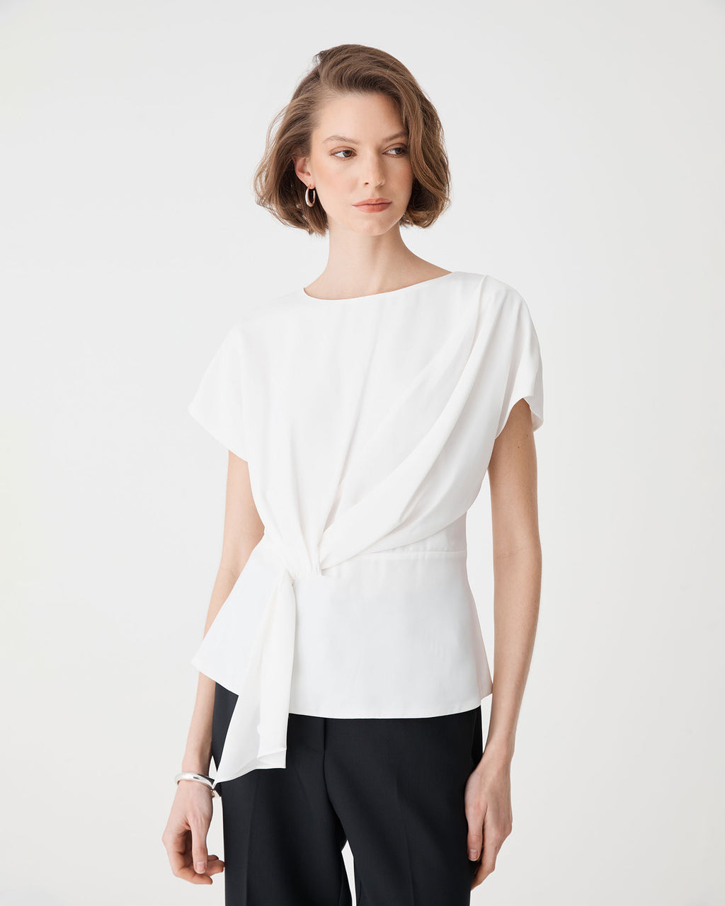 Athena Draped Top in ivory — close-up view