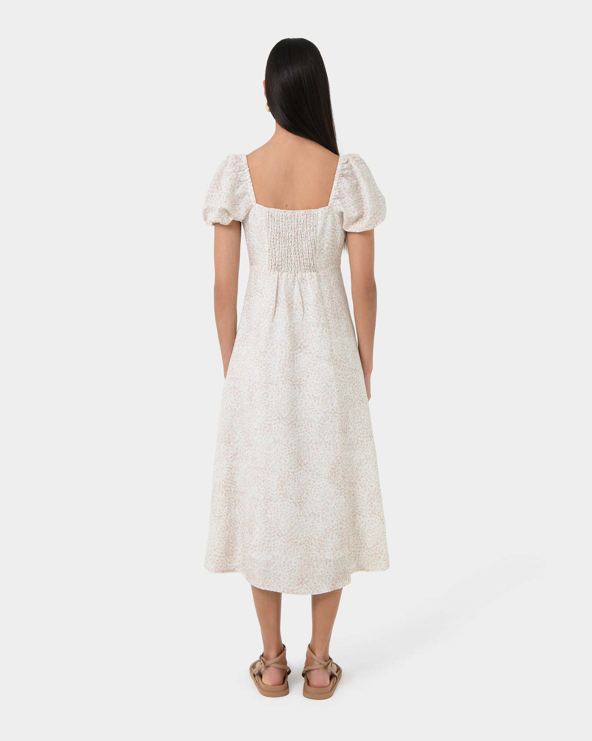 Hazy Linen Puff Sleeve Dress in summer beige — back view