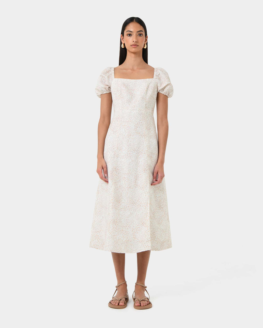 Hazy Linen Puff Sleeve Dress in summer beige — full-length view