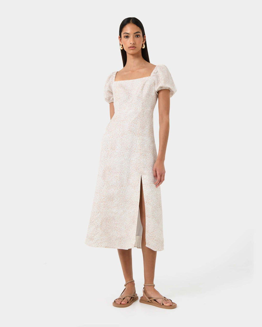 Hazy Linen Puff Sleeve Dress in summer beige — full-length view 2