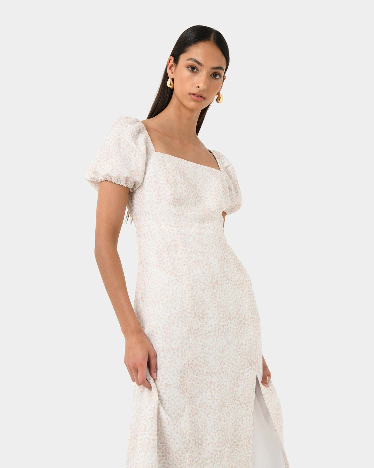Hazy Linen Puff Sleeve Dress in summer beige — side view