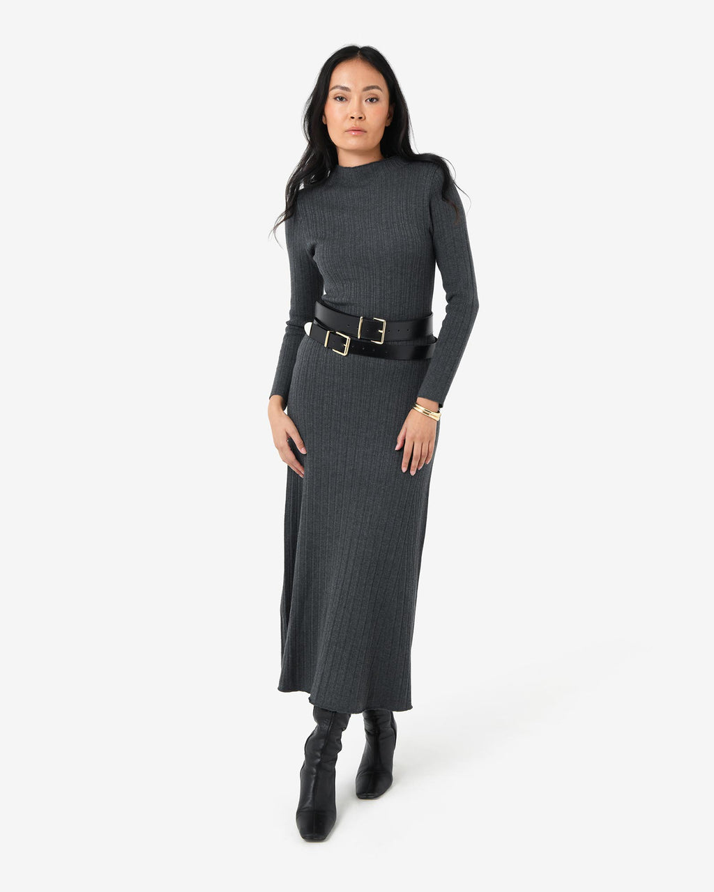 Bambi Knit Midi Dress in charcoal — full-length view