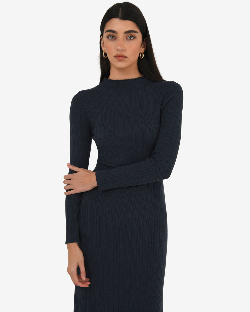 Bambi Knit Midi Dress in navy — close-up view