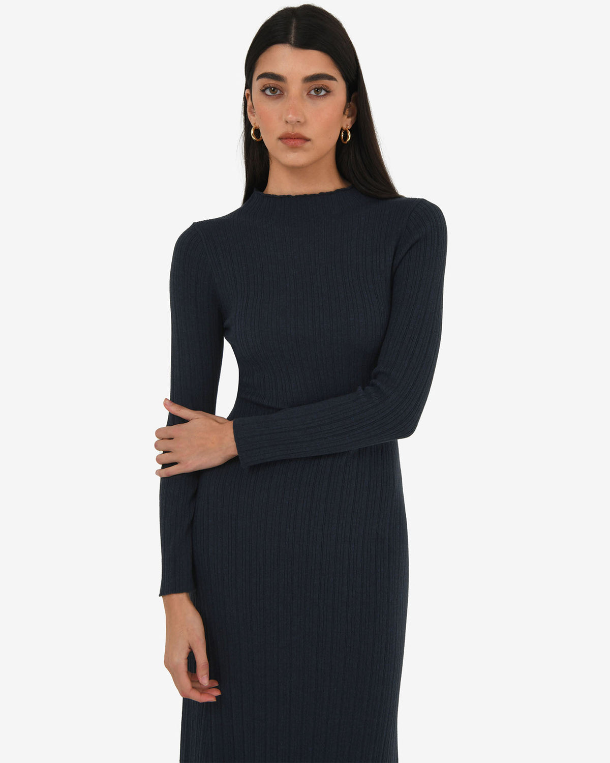 Bambi Knit Midi Dress in navy — close-up view