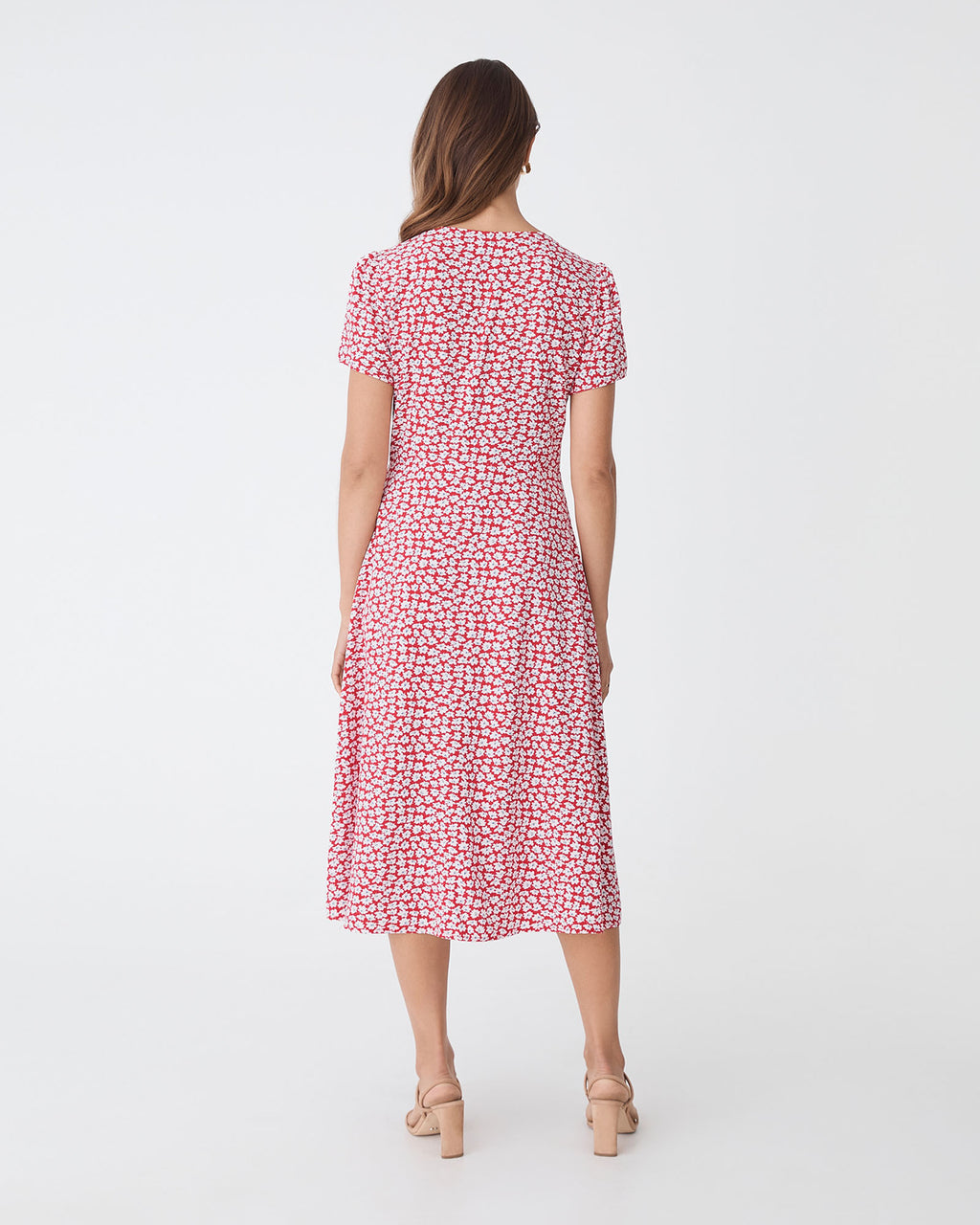 Tara Floral Button Midi Dress in red white — back view