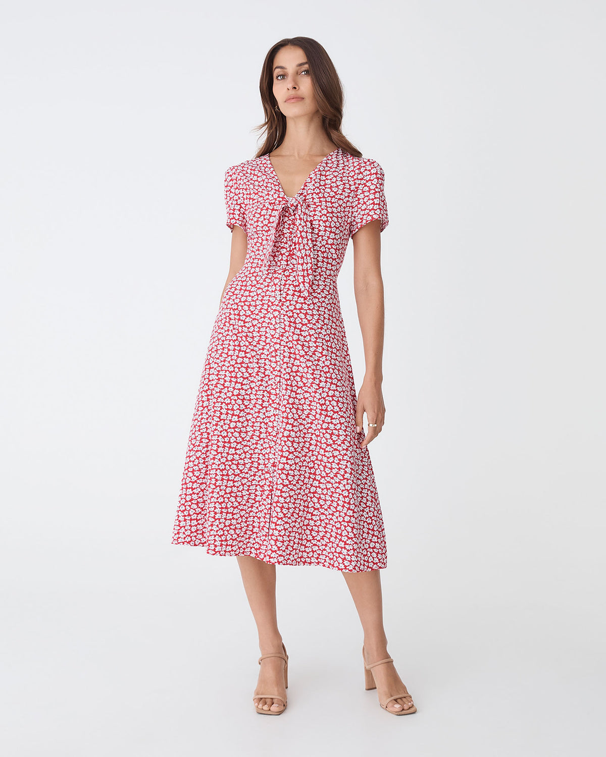 Tara Floral Button Midi Dress in red white — full-length view 2