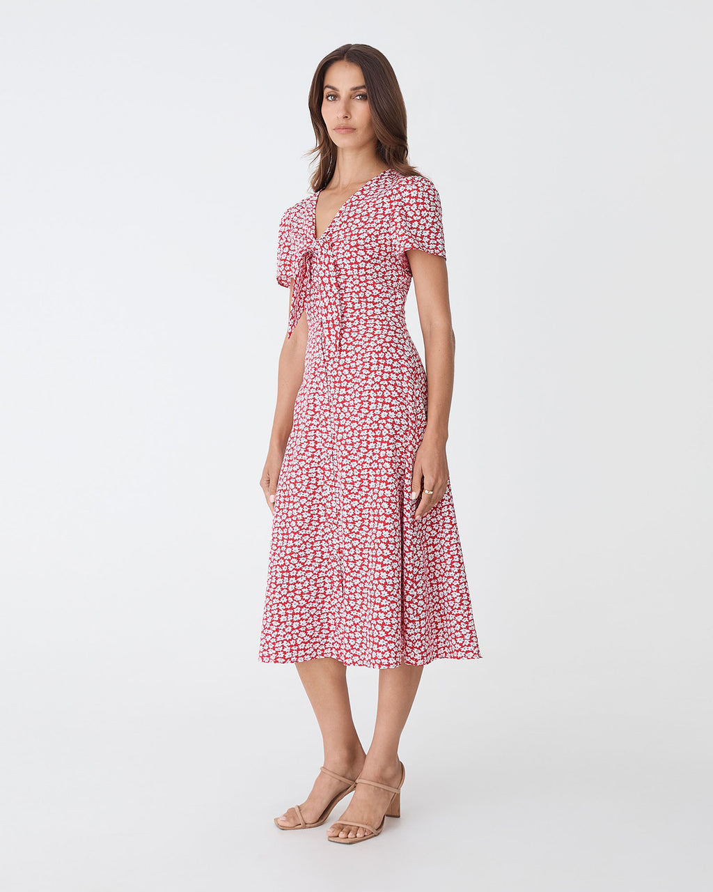 Tara Floral Button Midi Dress in red white — side view