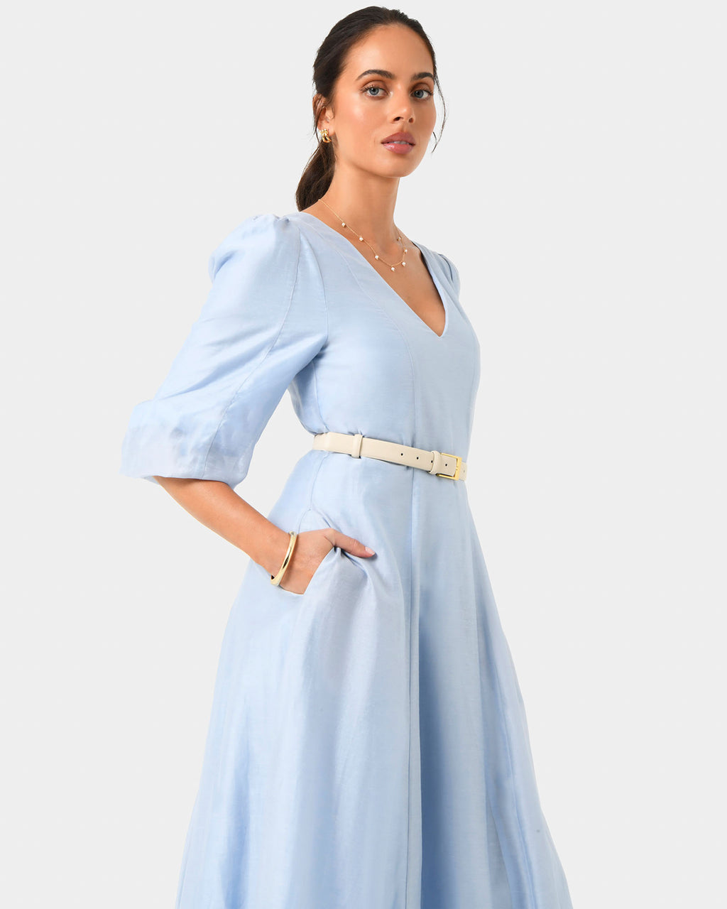 Marlie Puff Sleeve Midi Dress in ash blue — close-up view