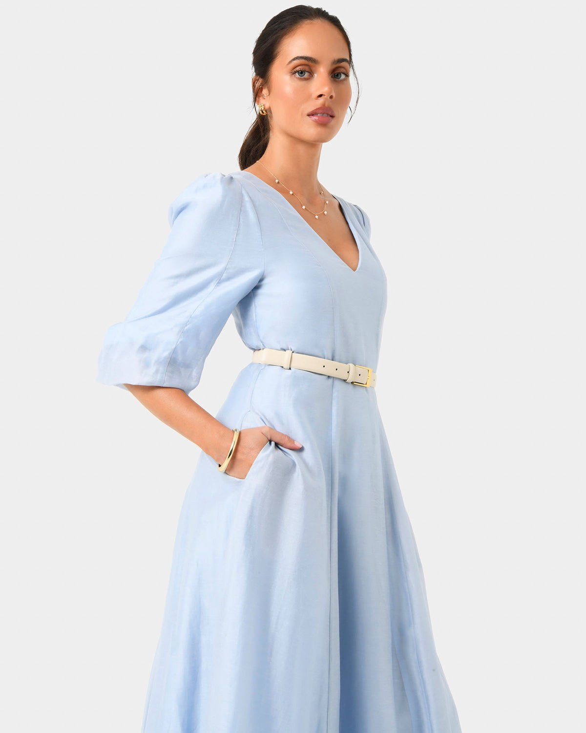 Marlie Puff Sleeve Midi Dress in ash blue — close-up view