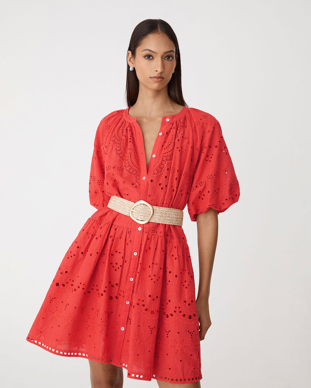 Lola Broderie Tiered Dress in fiesta red — close-up view
