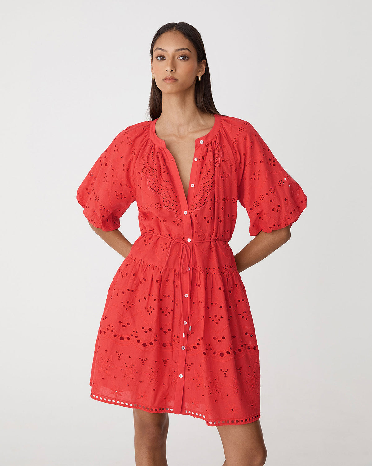 Lola Broderie Tiered Dress in fiesta red — close-up view 2