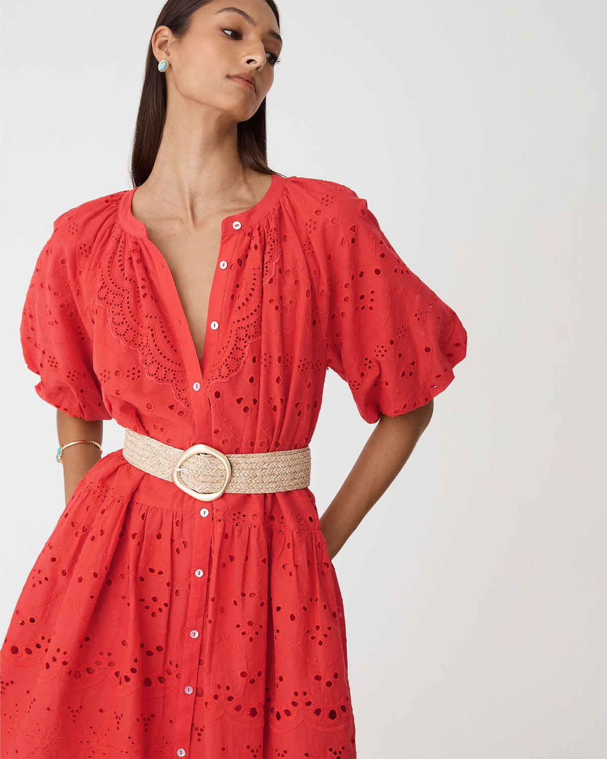 Lola Broderie Tiered Dress in fiesta red — fabric detail