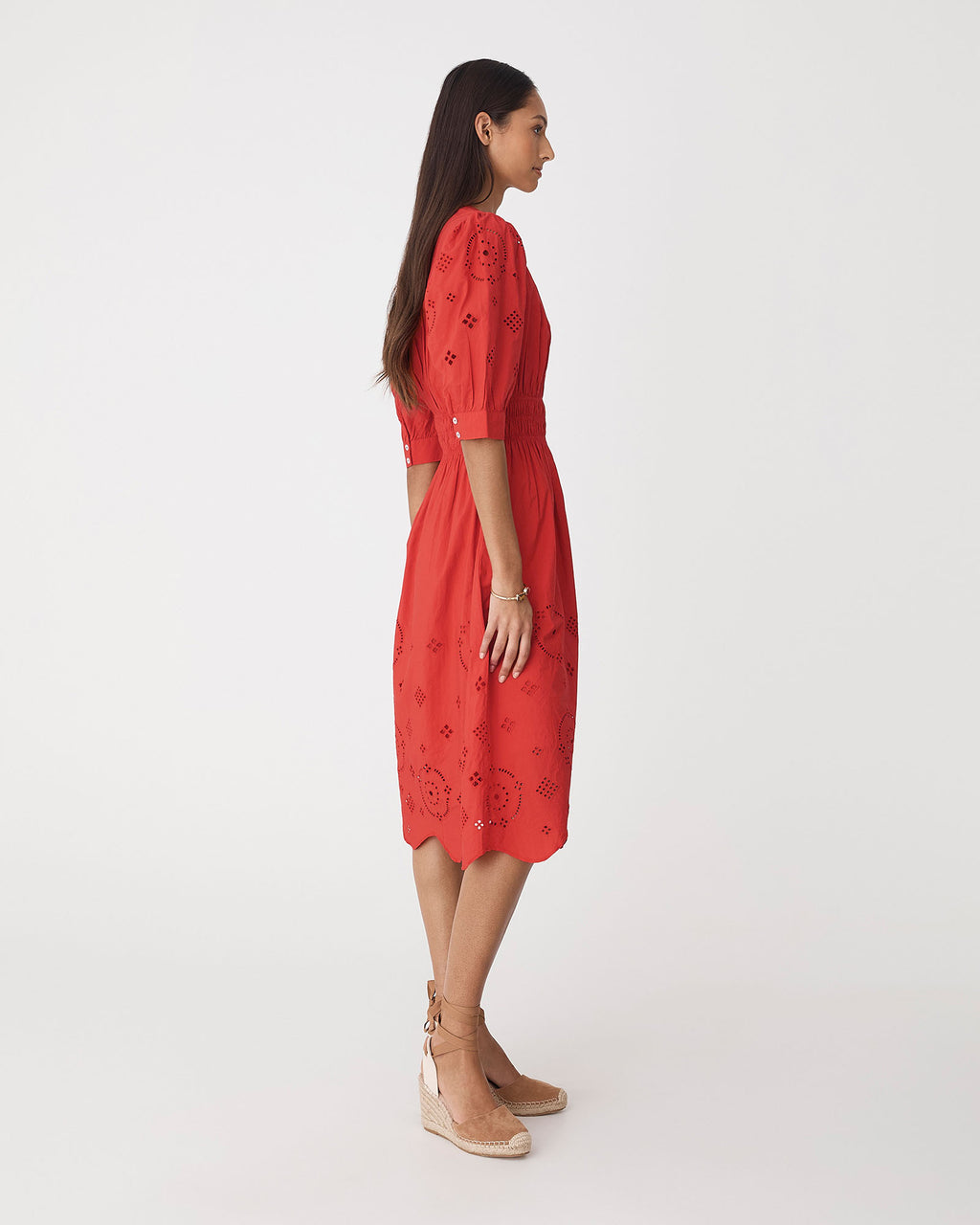 Ali Embroidered Dress in fiesta red — side view