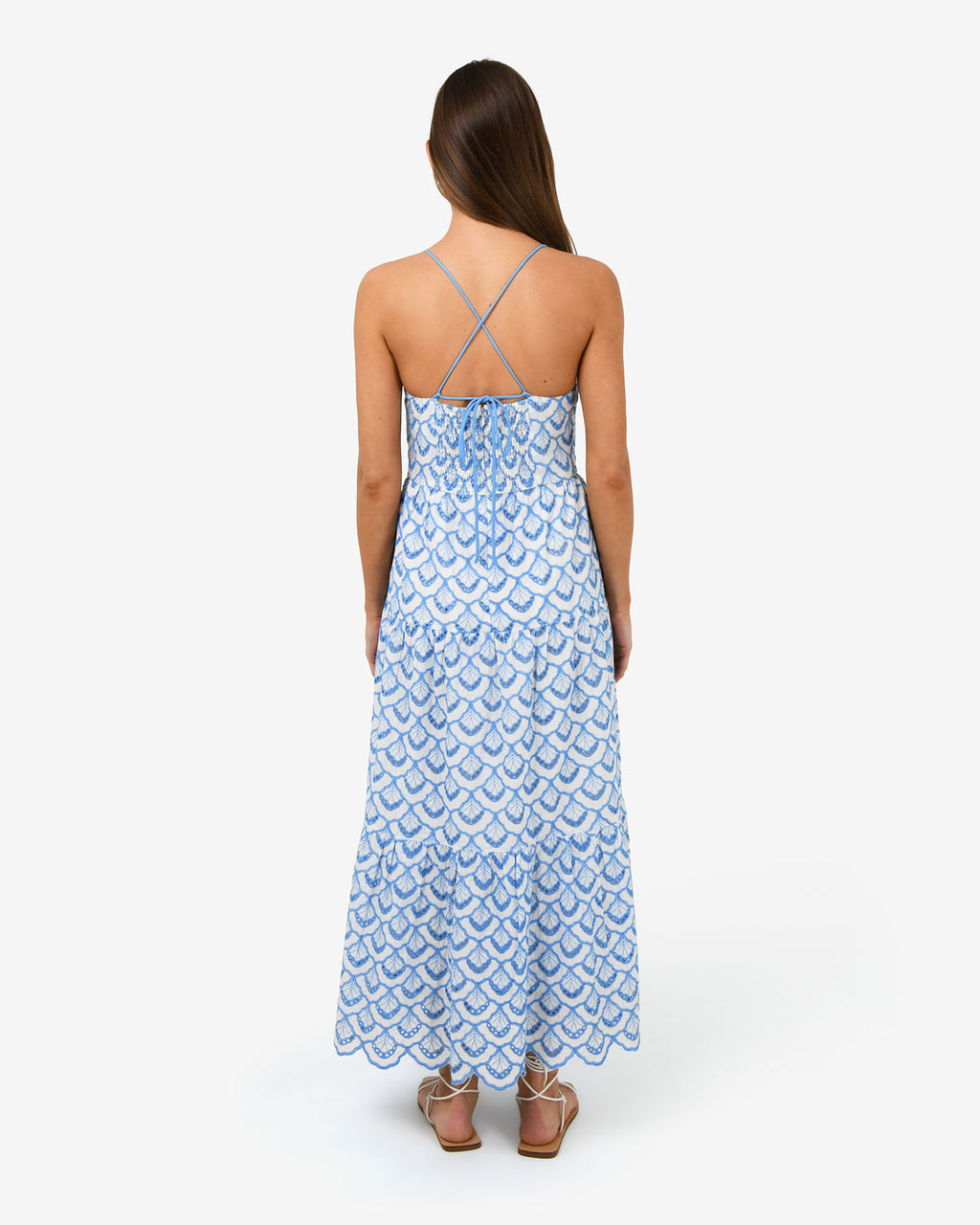 Kela Embroidery Maxi Dress in blue ivory — back view