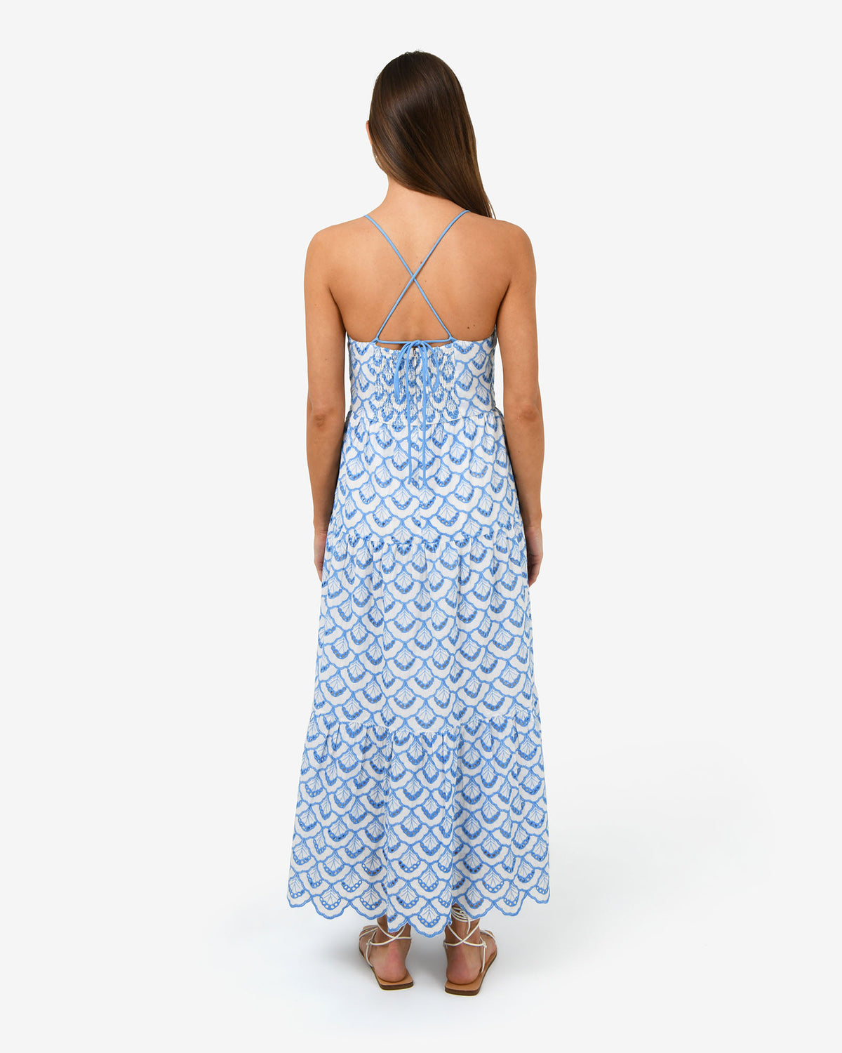Kela Embroidery Maxi Dress in blue ivory — back view
