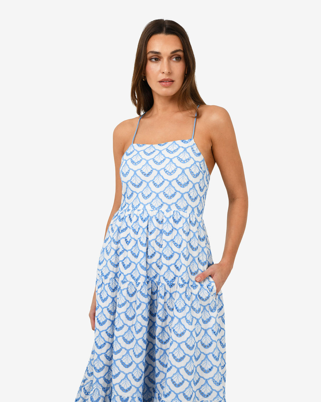 Kela Embroidery Maxi Dress in blue ivory — close-up view