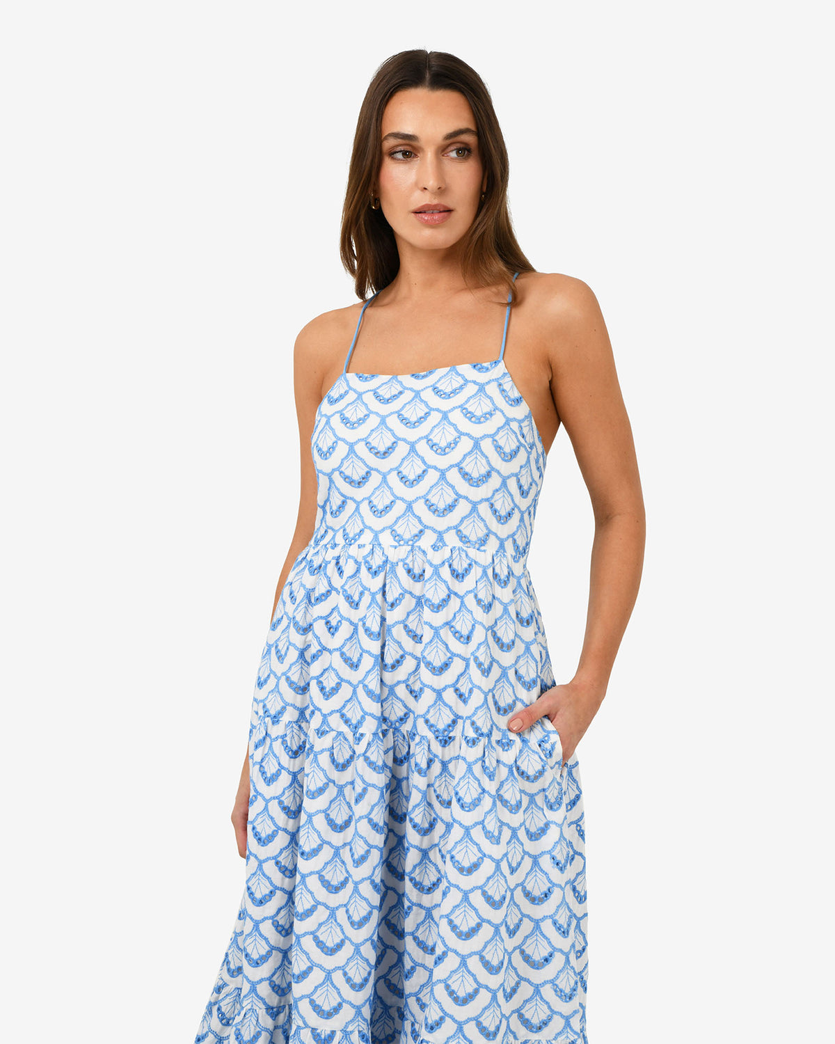 Kela Embroidery Maxi Dress in blue ivory — close-up view